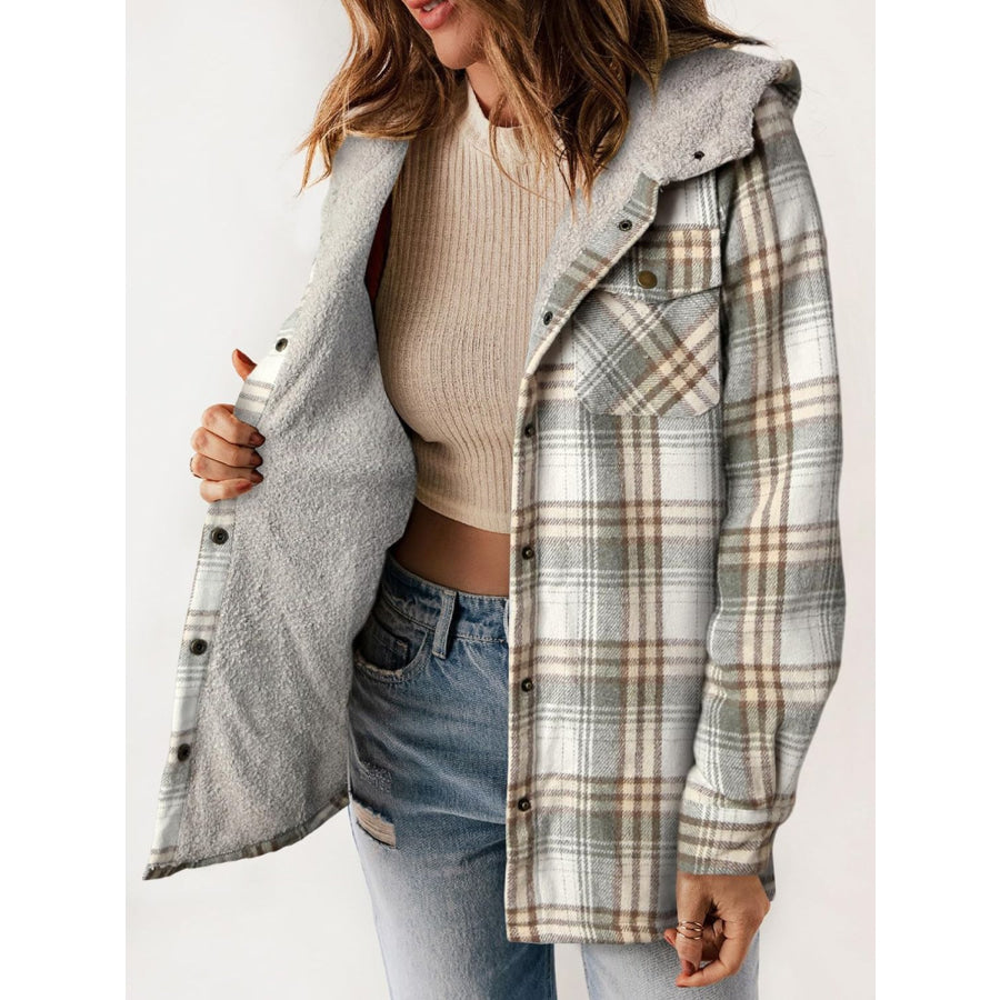 Plaid Snap Down Plush Hooded Jacket Apparel and Accessories