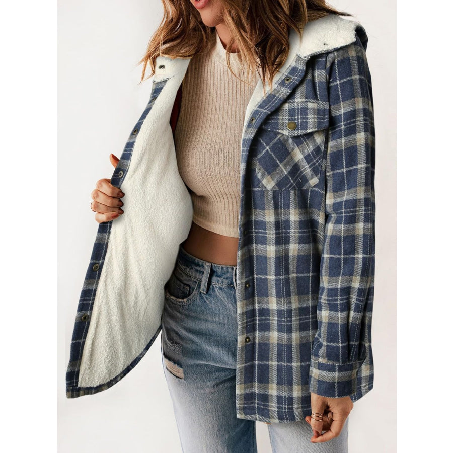 Plaid Snap Down Plush Hooded Jacket Apparel and Accessories