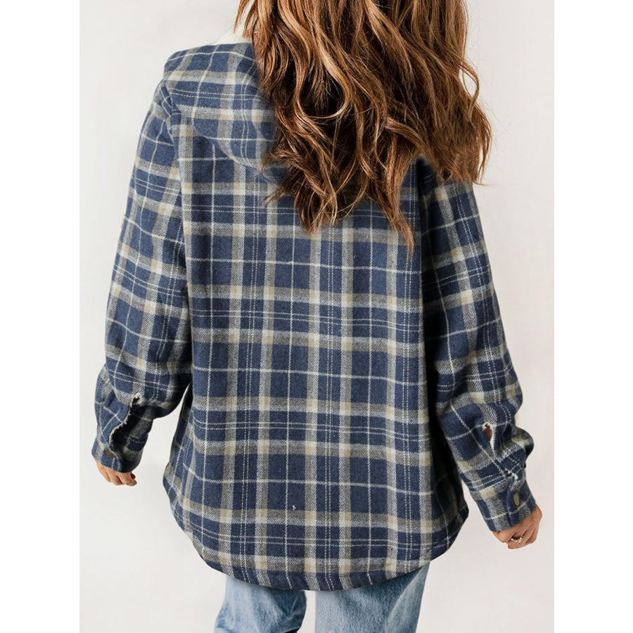 Plaid Snap Down Plush Hooded Jacket Apparel and Accessories