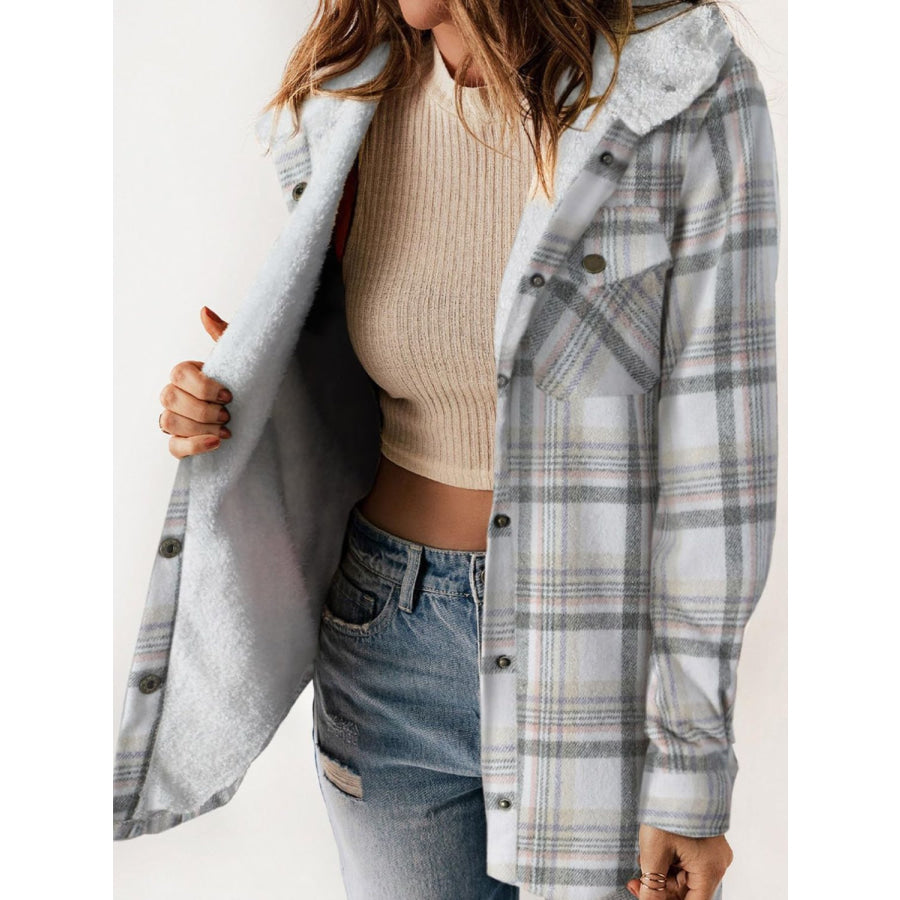 Plaid Snap Down Plush Hooded Jacket Apparel and Accessories