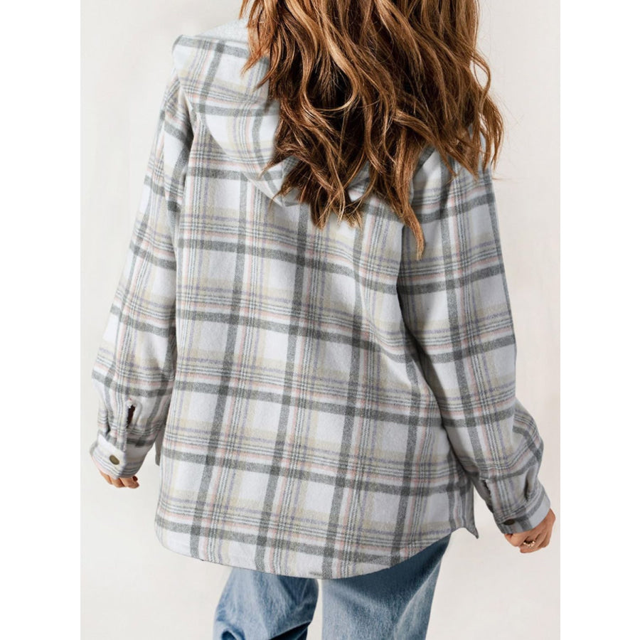 Plaid Snap Down Plush Hooded Jacket Apparel and Accessories