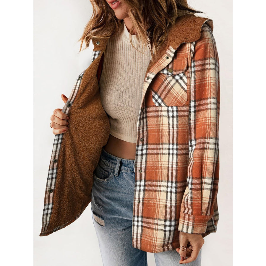 Plaid Snap Down Plush Hooded Jacket Apparel and Accessories