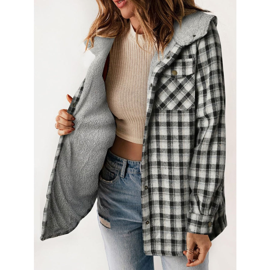 Plaid Snap Down Plush Hooded Jacket Apparel and Accessories