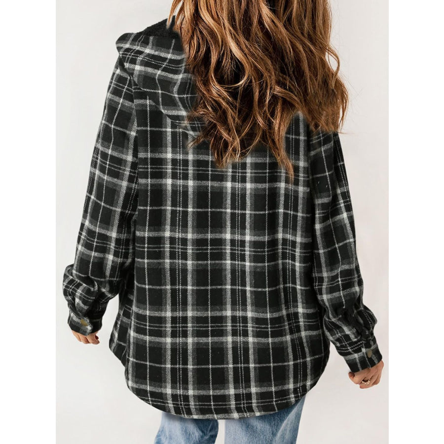 Plaid Snap Down Plush Hooded Jacket Apparel and Accessories