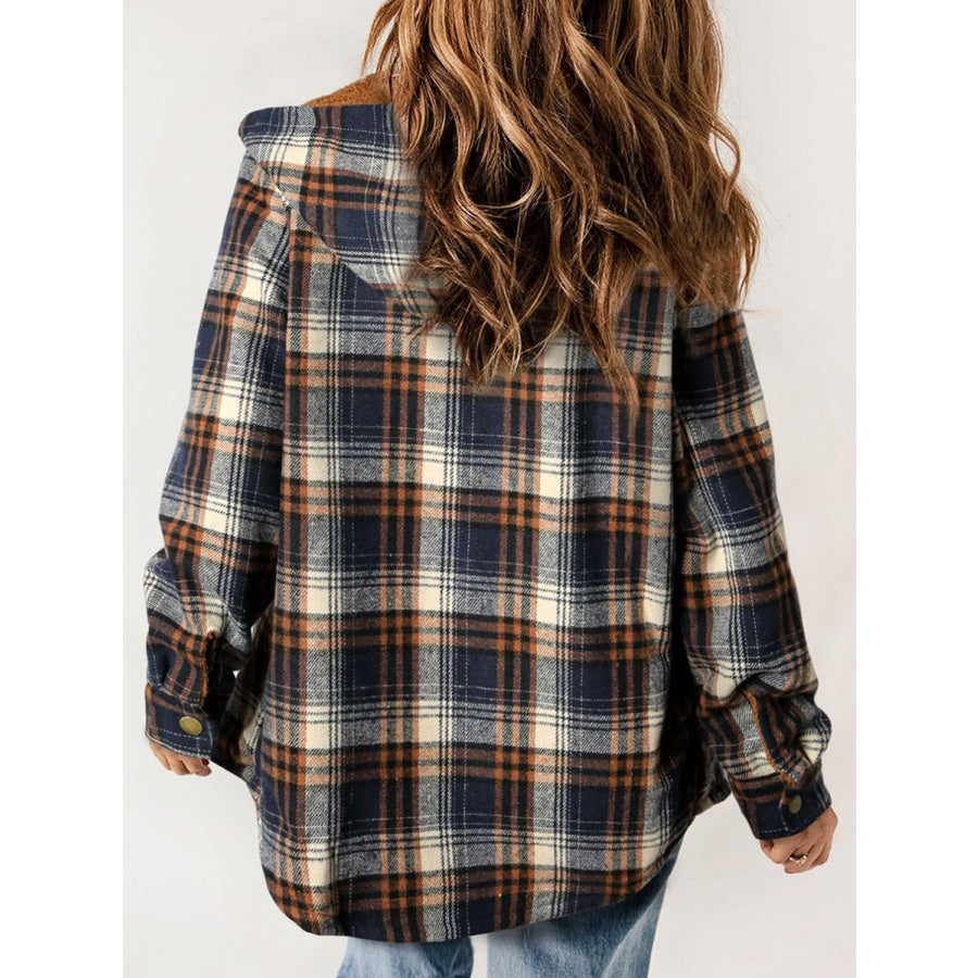 Plaid Snap Down Plush Hooded Jacket Apparel and Accessories