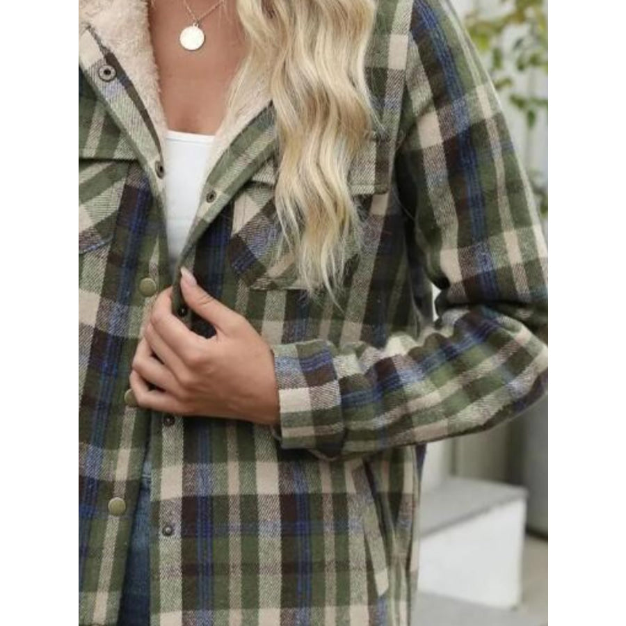 Plaid Snap Down Plush Hooded Jacket Apparel and Accessories