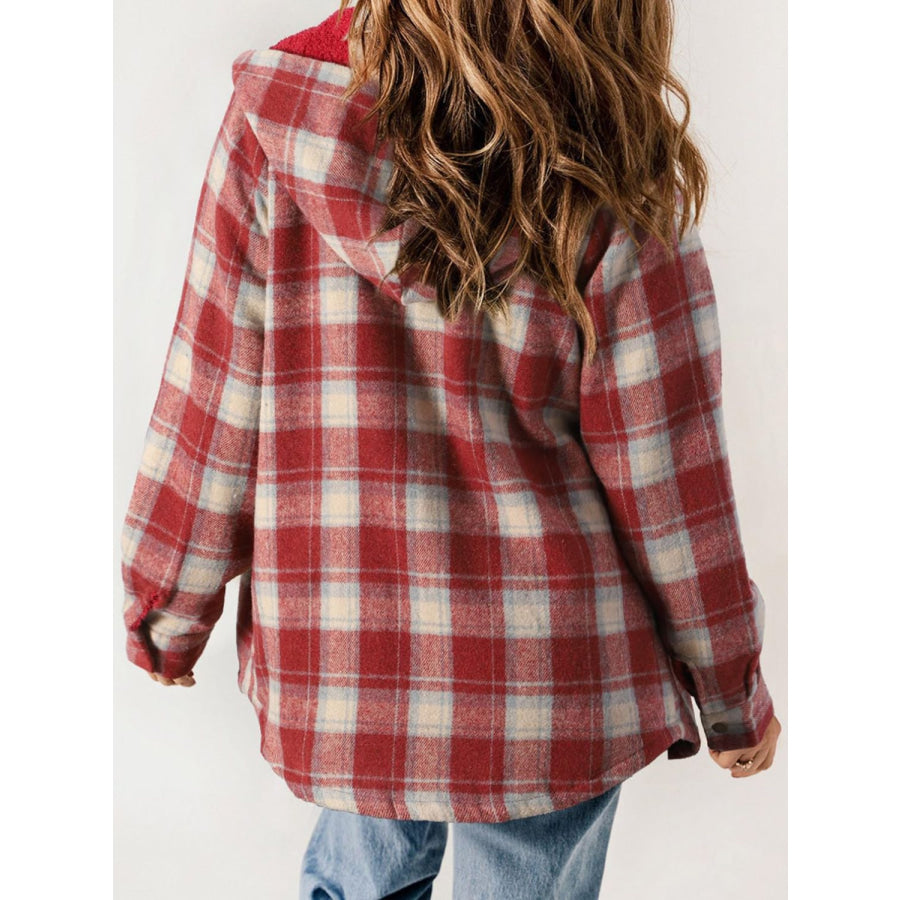 Plaid Snap Down Plush Hooded Jacket Apparel and Accessories