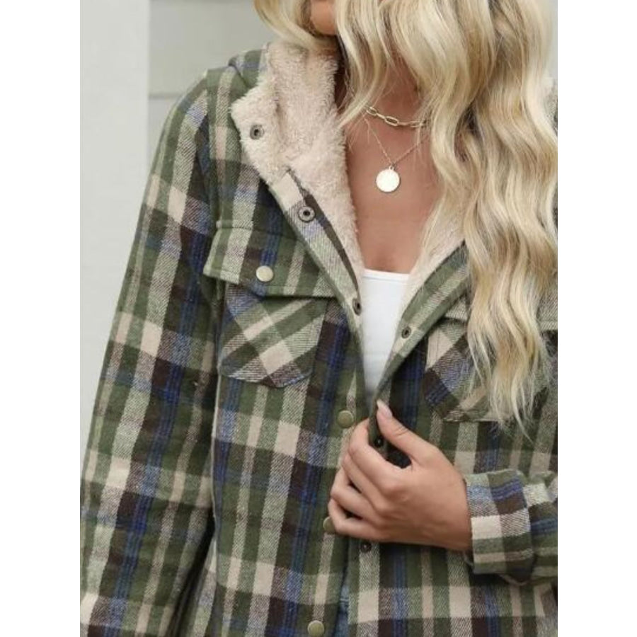 Plaid Snap Down Plush Hooded Jacket Apparel and Accessories