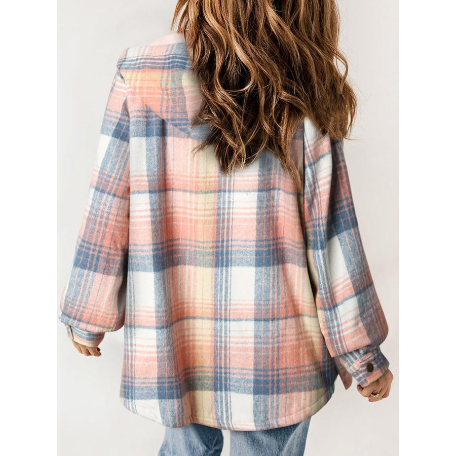 Plaid Snap Down Plush Hooded Jacket Apparel and Accessories