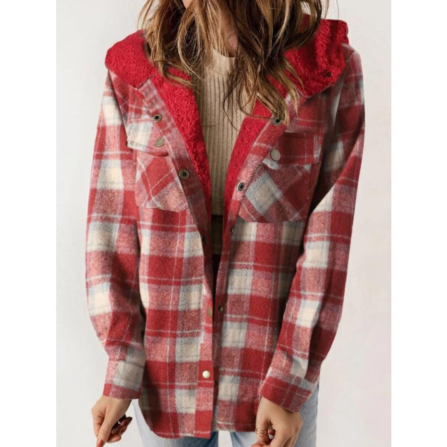 Plaid Snap Down Plush Hooded Jacket Apparel and Accessories