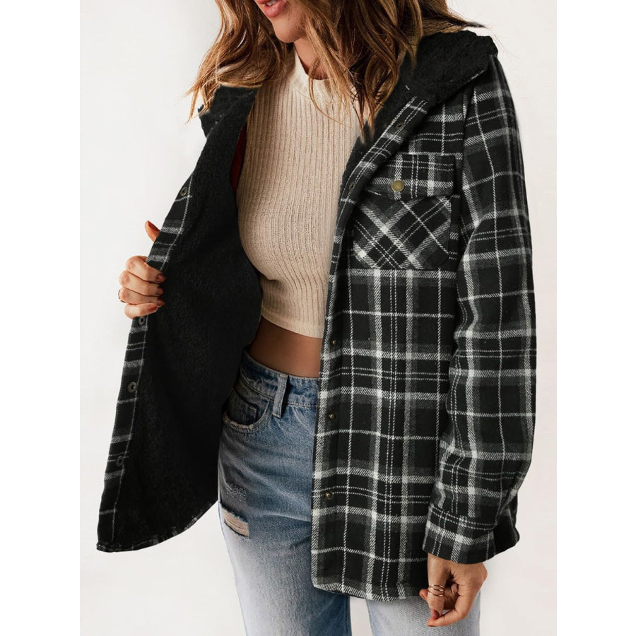 Plaid Snap Down Plush Hooded Jacket Apparel and Accessories