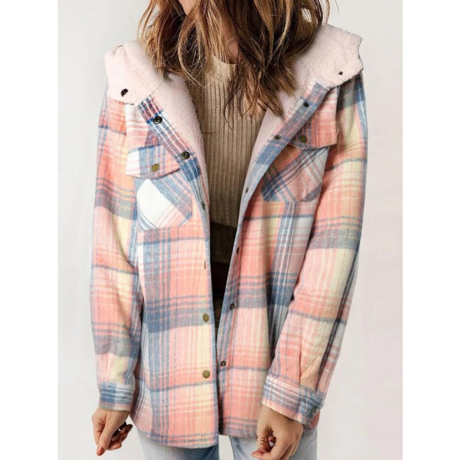 Plaid Snap Down Plush Hooded Jacket Apparel and Accessories