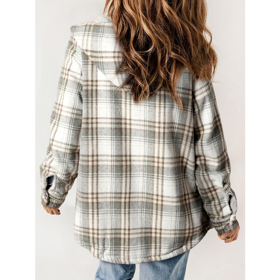 Plaid Snap Down Plush Hooded Jacket Apparel and Accessories