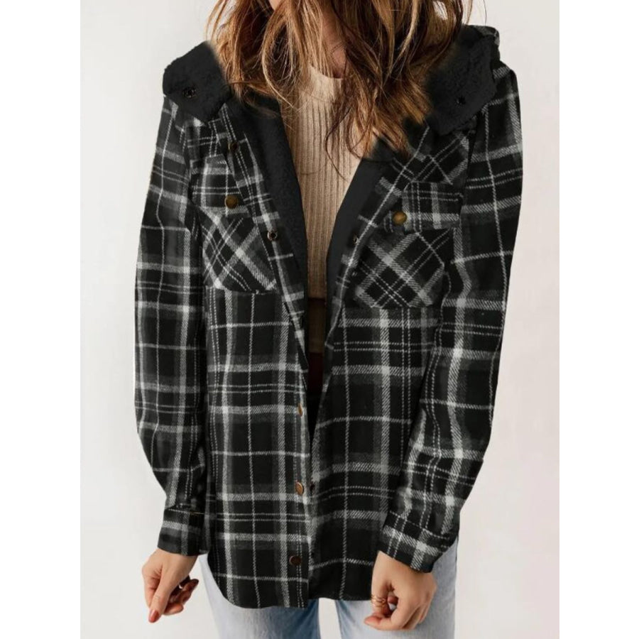 Plaid Snap Down Plush Hooded Jacket Black / S Apparel and Accessories