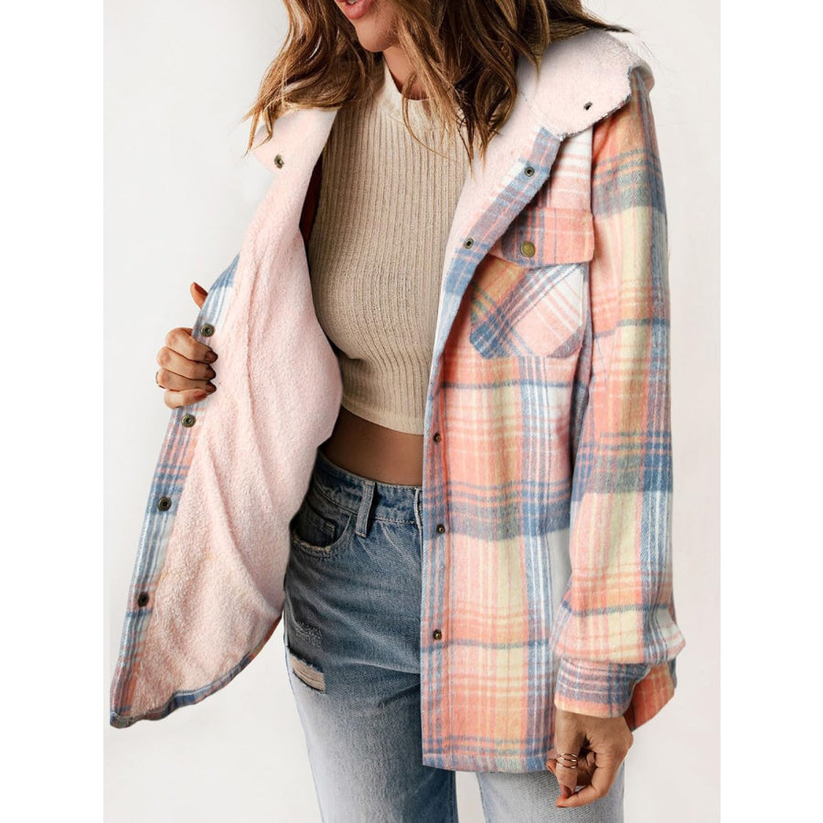 Plaid Snap Down Plush Hooded Jacket Blush Pink / S Apparel and Accessories