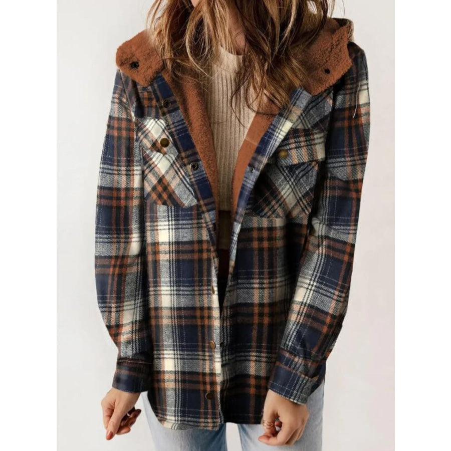 Plaid Snap Down Plush Hooded Jacket Brown / S Apparel and Accessories