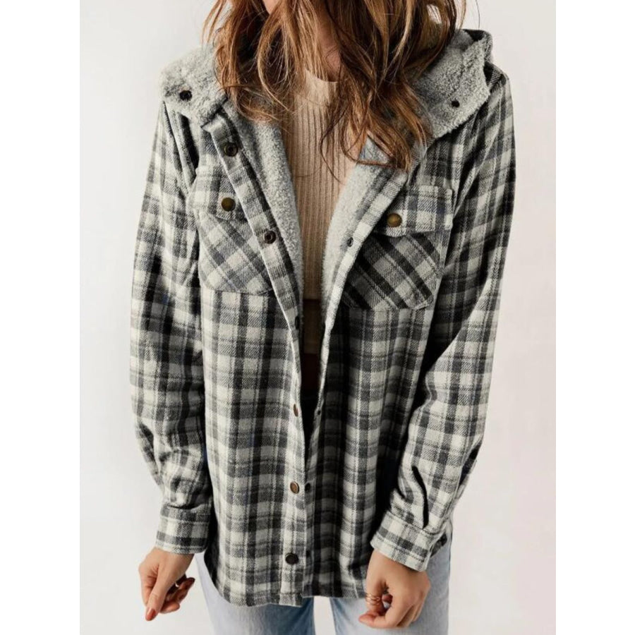 Plaid Snap Down Plush Hooded Jacket Dark Gray / S Apparel and Accessories