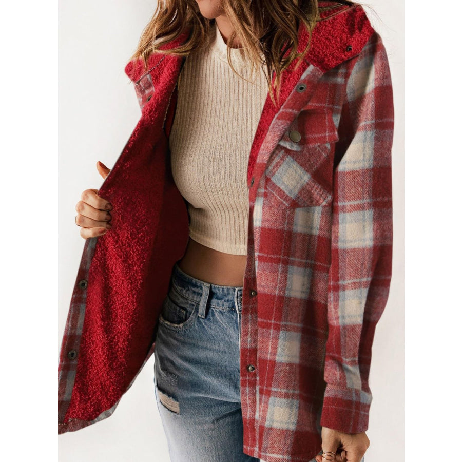 Plaid Snap Down Plush Hooded Jacket Deep Red / S Apparel and Accessories