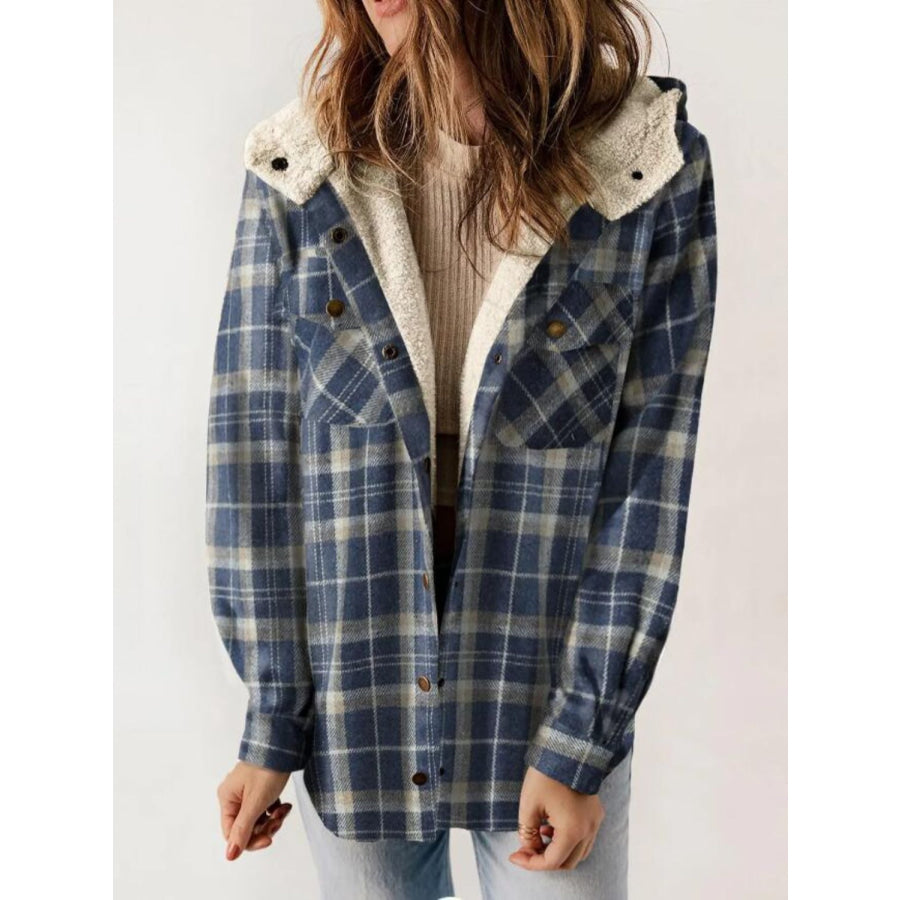 Plaid Snap Down Plush Hooded Jacket Dusty Blue / S Apparel and Accessories