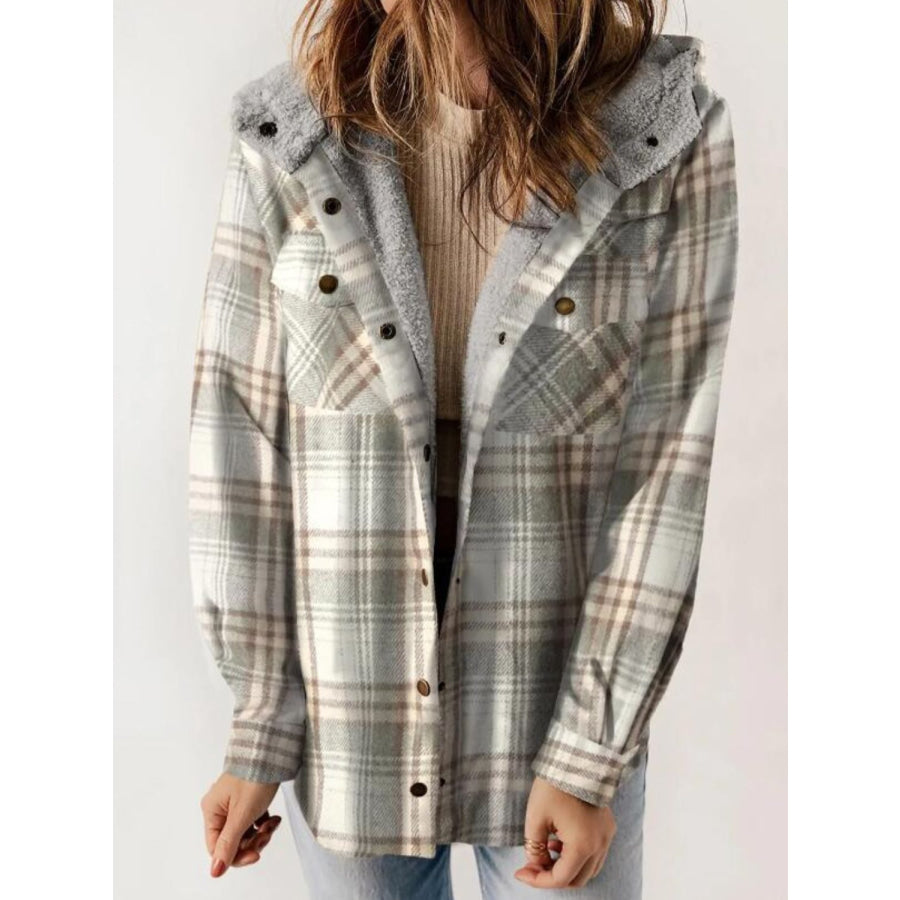 Plaid Snap Down Plush Hooded Jacket Gray / S Apparel and Accessories