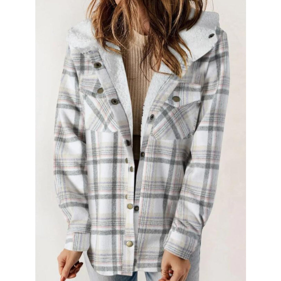 Plaid Snap Down Plush Hooded Jacket Light Gray / S Apparel and Accessories