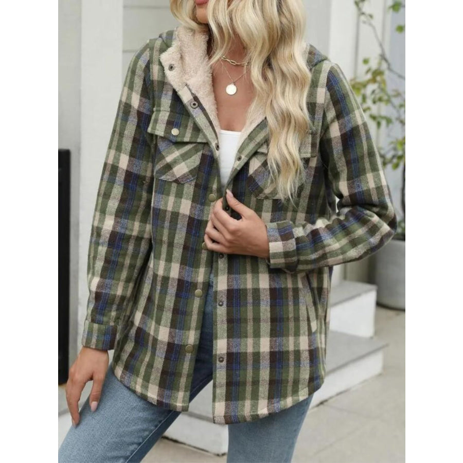 Plaid Snap Down Plush Hooded Jacket Moss / S Apparel and Accessories