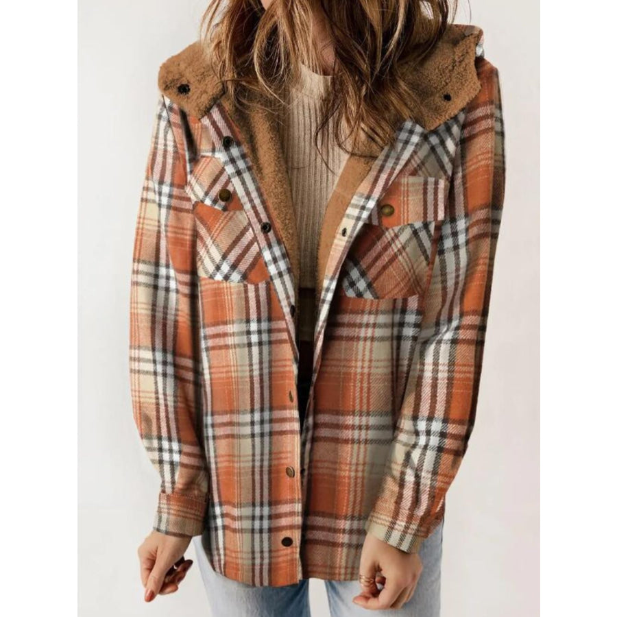 Plaid Snap Down Plush Hooded Jacket Ochre / S Apparel and Accessories