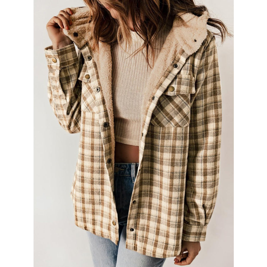 Plaid Snap Down Plush Hooded Jacket Tan / S Apparel and Accessories