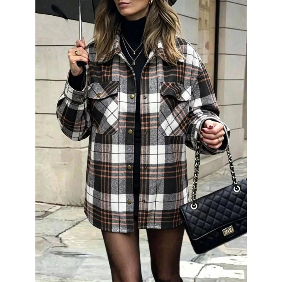 Plaid Snap Down Shacket Black / S Apparel and Accessories