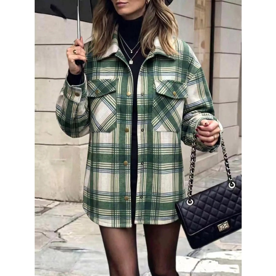 Plaid Snap Down Shacket Dark Green / S Apparel and Accessories