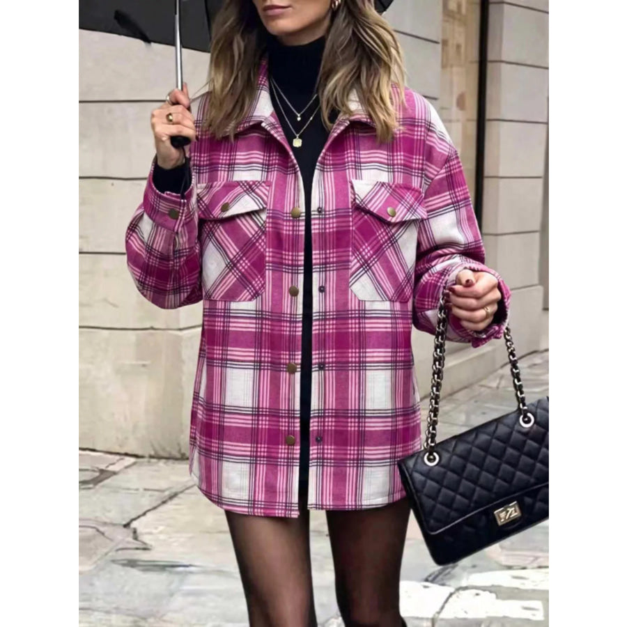 Plaid Snap Down Shacket Red-Violet / S Apparel and Accessories