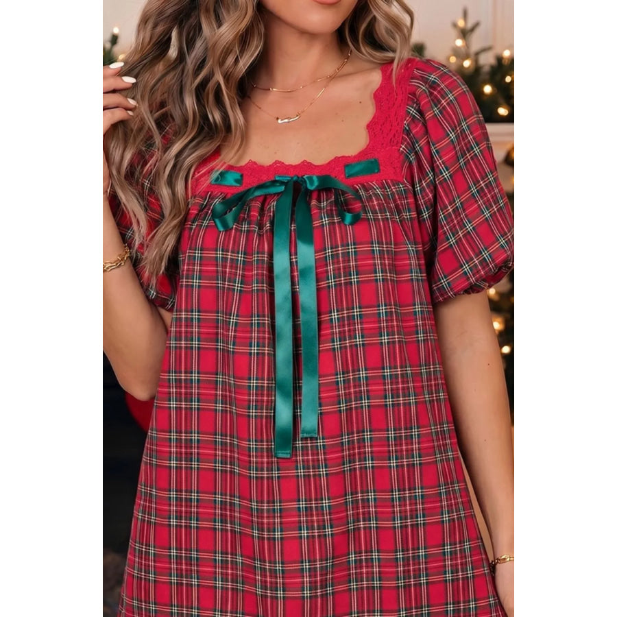 Plaid Square Collar Lace Trim Short Sleeve Shift Mini Dress Apparel and Accessories