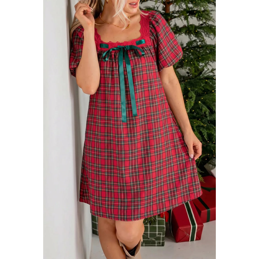Plaid Square Collar Lace Trim Short Sleeve Shift Mini Dress Deep Red / S Apparel and Accessories