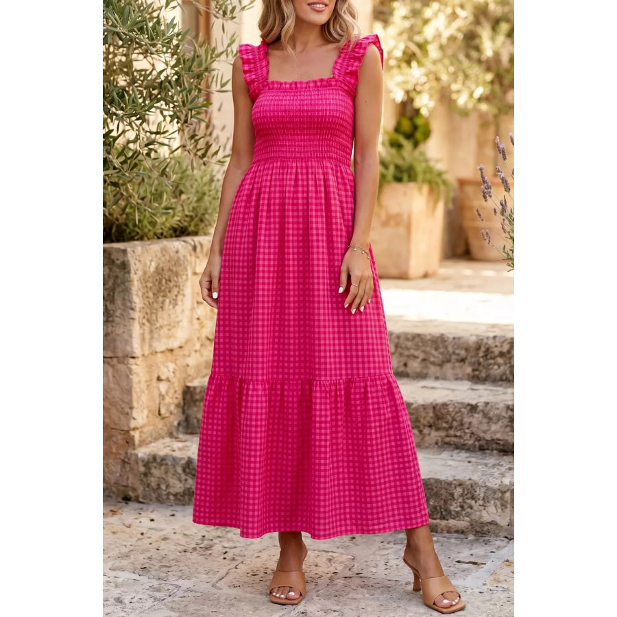 Plaid Square Neck Fit-and-flared Vacation Sundress Apparel and Accessories