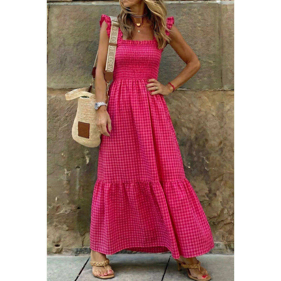 Plaid Square Neck Fit-and-flared Vacation Sundress Apparel and Accessories