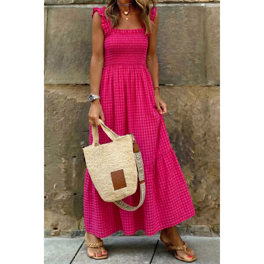 Plaid Square Neck Fit-and-flared Vacation Sundress Deep Rose / S Apparel and Accessories