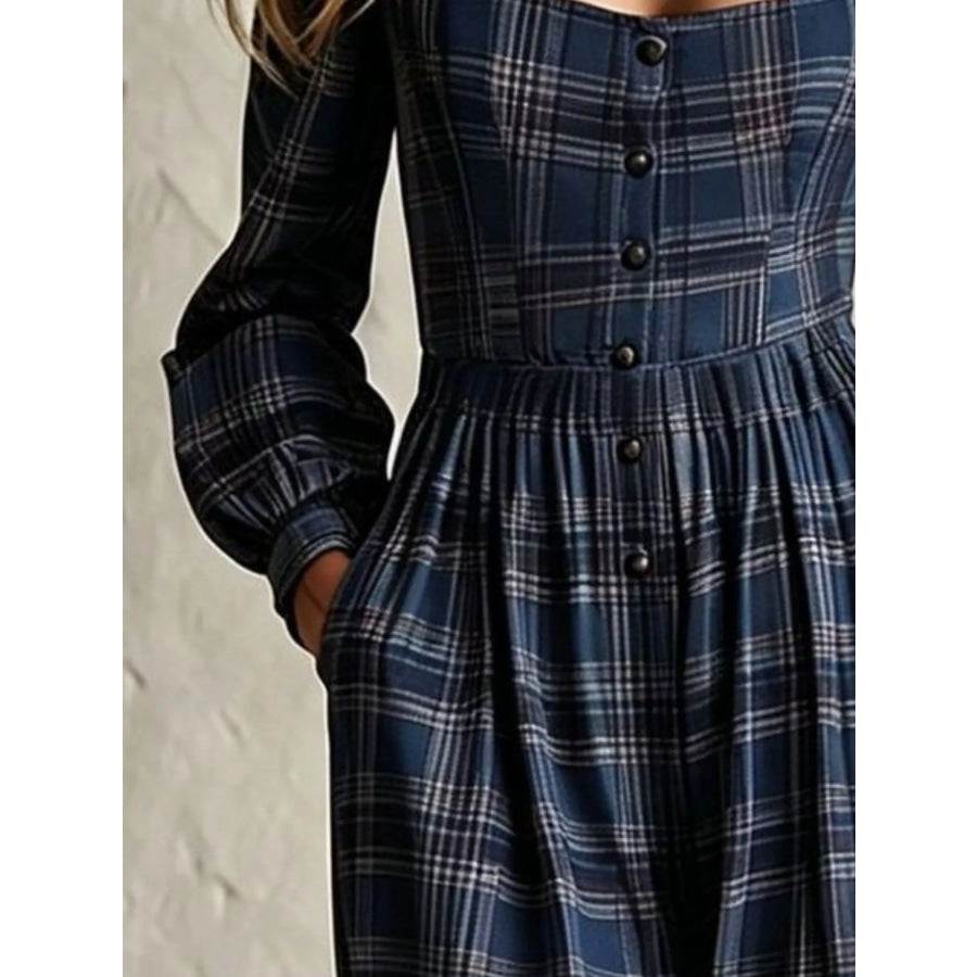 Plaid Square Neck Long Sleeve Wide Leg Jumpsuit Apparel and Accessories
