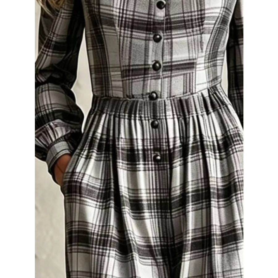 Plaid Square Neck Long Sleeve Wide Leg Jumpsuit Apparel and Accessories