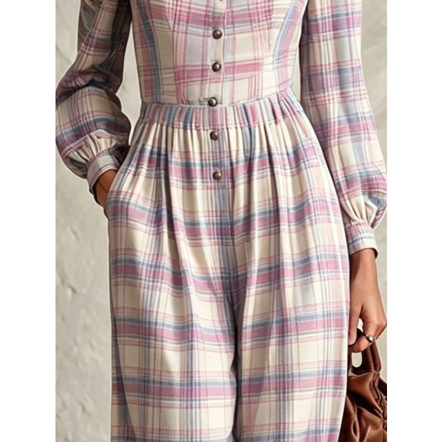 Plaid Square Neck Long Sleeve Wide Leg Jumpsuit Apparel and Accessories