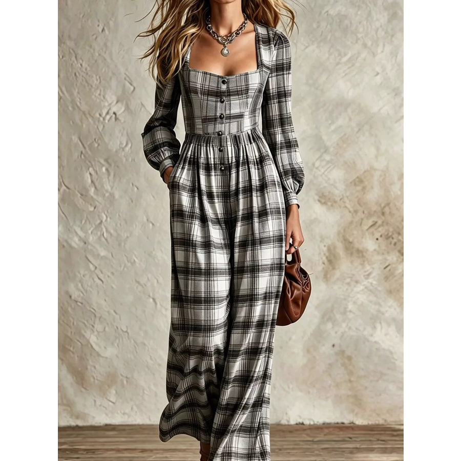Plaid Square Neck Long Sleeve Wide Leg Jumpsuit Black / S Apparel and Accessories