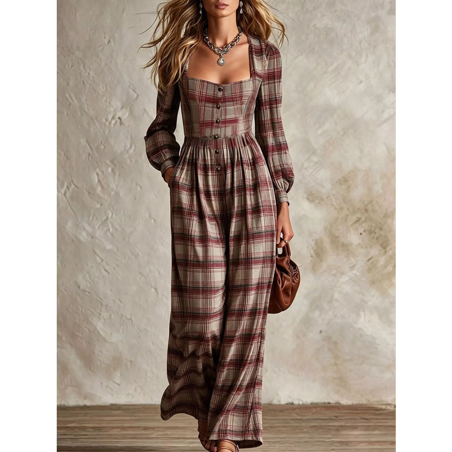 Plaid Square Neck Long Sleeve Wide Leg Jumpsuit Burgundy / S Apparel and Accessories
