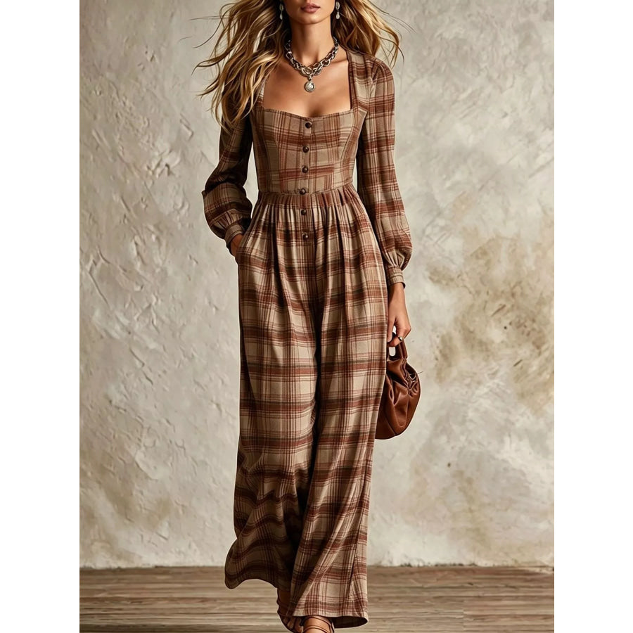 Plaid Square Neck Long Sleeve Wide Leg Jumpsuit Caramel / S Apparel and Accessories