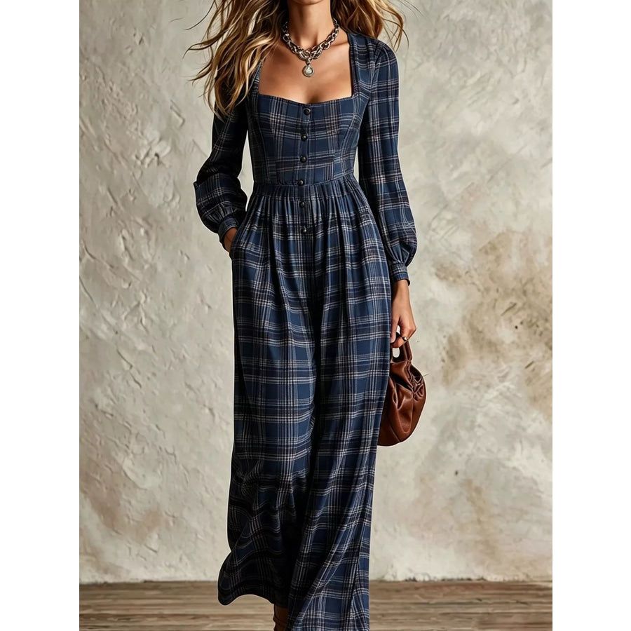 Plaid Square Neck Long Sleeve Wide Leg Jumpsuit Dark Navy / S Apparel and Accessories