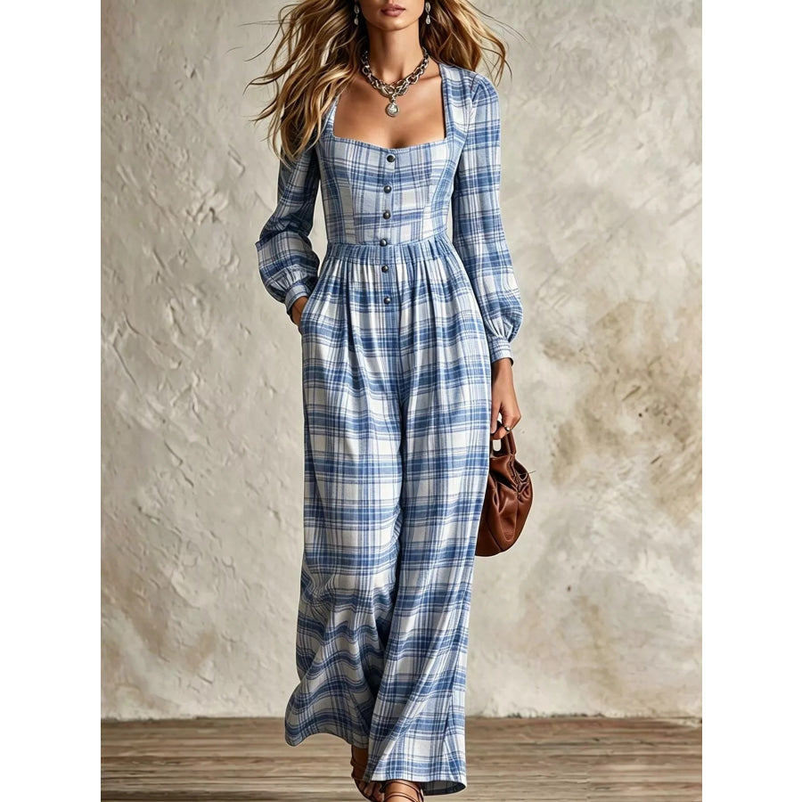 Plaid Square Neck Long Sleeve Wide Leg Jumpsuit Light Blue / S Apparel and Accessories