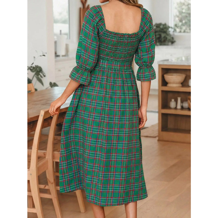 Plaid Square Neck Puff Sleeve Knot Waist Flared Midi Dress Apparel and Accessories