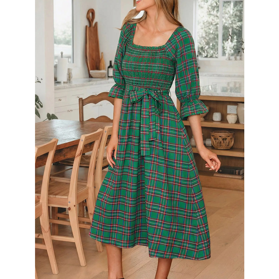 Plaid Square Neck Puff Sleeve Knot Waist Flared Midi Dress Apparel and Accessories
