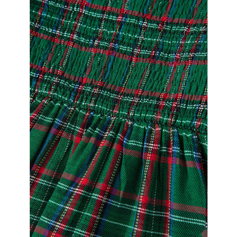 Plaid Square Neck Puff Sleeve Knot Waist Flared Midi Dress Apparel and Accessories