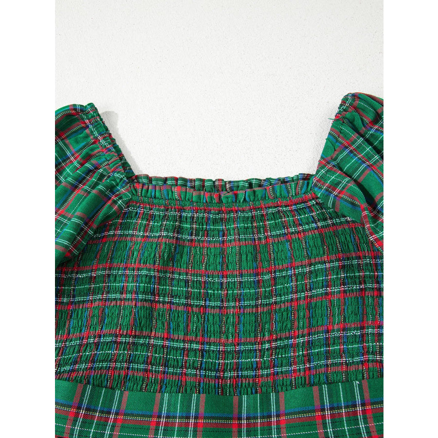 Plaid Square Neck Puff Sleeve Knot Waist Flared Midi Dress Apparel and Accessories