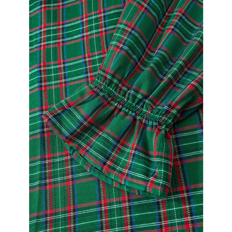 Plaid Square Neck Puff Sleeve Knot Waist Flared Midi Dress Apparel and Accessories