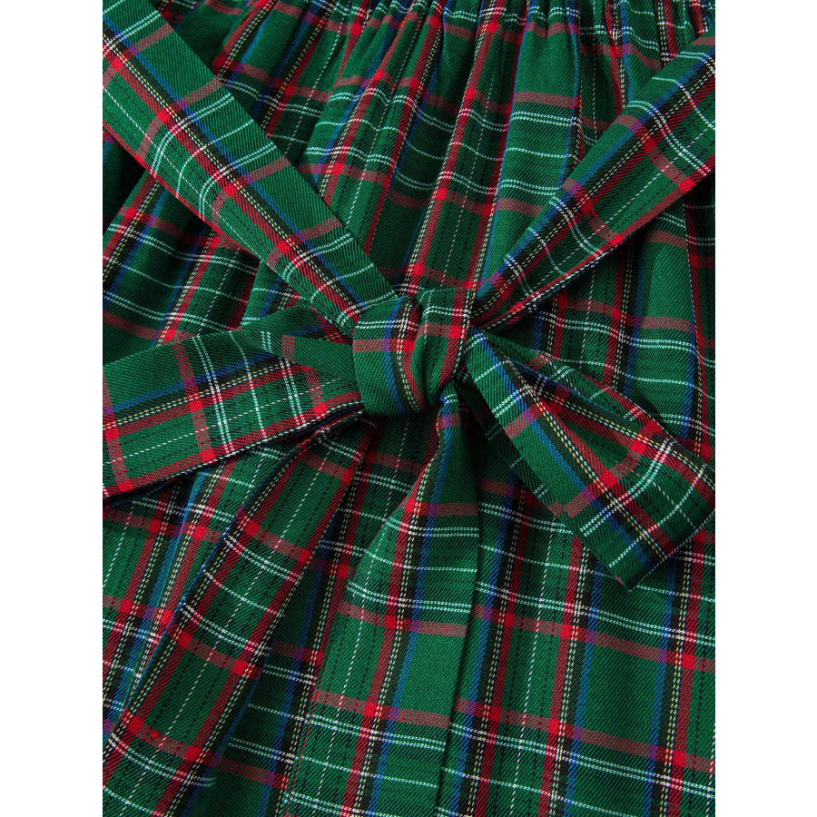 Plaid Square Neck Puff Sleeve Knot Waist Flared Midi Dress Apparel and Accessories